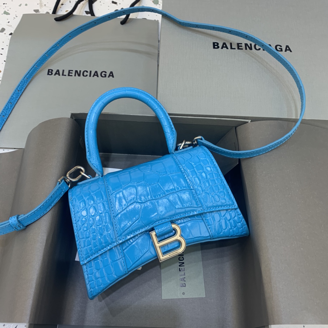 Balenciaga Hourglass XS Handbag Crocodile Embossed Shoulder Bag Light Blue